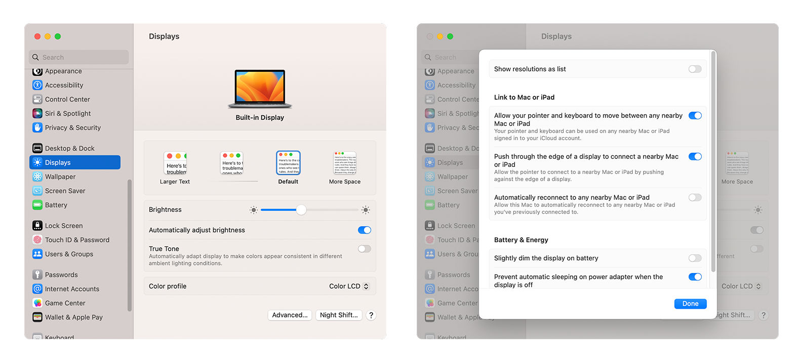 Two screens from the MacOS System Settings app.
